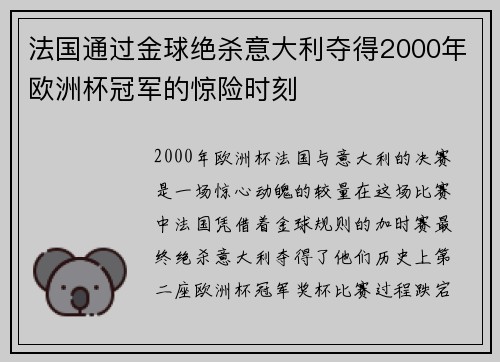 法国通过金球绝杀意大利夺得2000年欧洲杯冠军的惊险时刻