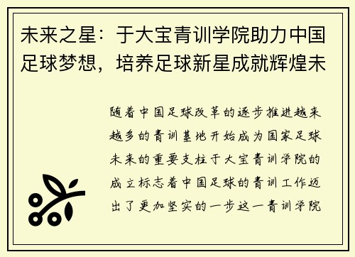 未来之星：于大宝青训学院助力中国足球梦想，培养足球新星成就辉煌未来