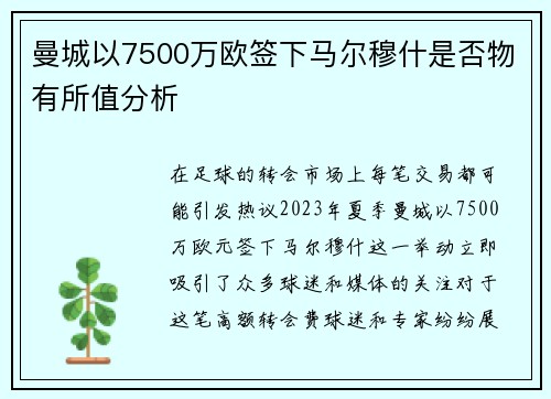 曼城以7500万欧签下马尔穆什是否物有所值分析