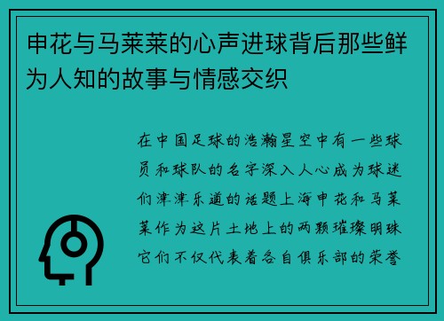 申花与马莱莱的心声进球背后那些鲜为人知的故事与情感交织
